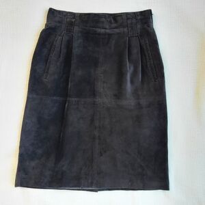 Vintage EVAN DAVIES PETITES Black Suede Skirt Size 6P Knee Length Western Pencil